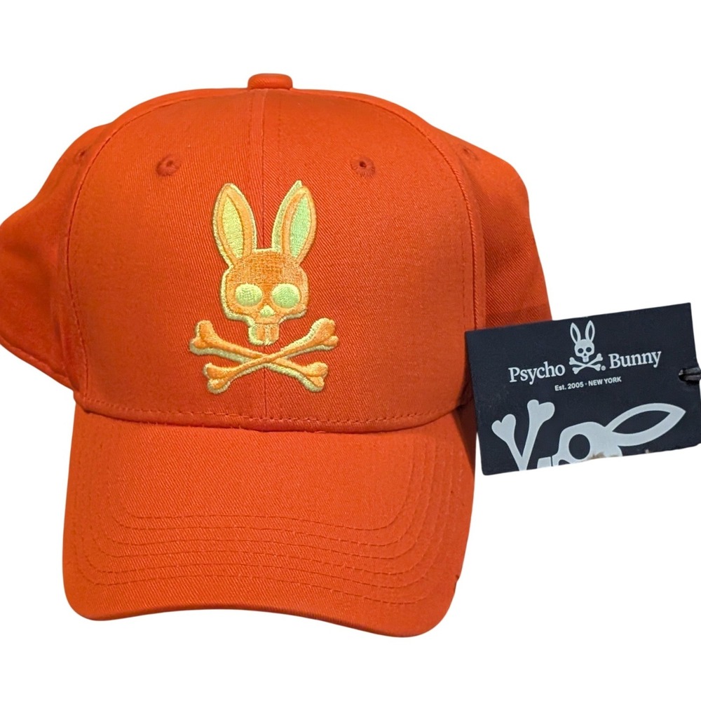 Psycho Bunny Orange Embroidered Skull Bunny Baseball Cap Hat Streetwear Skater